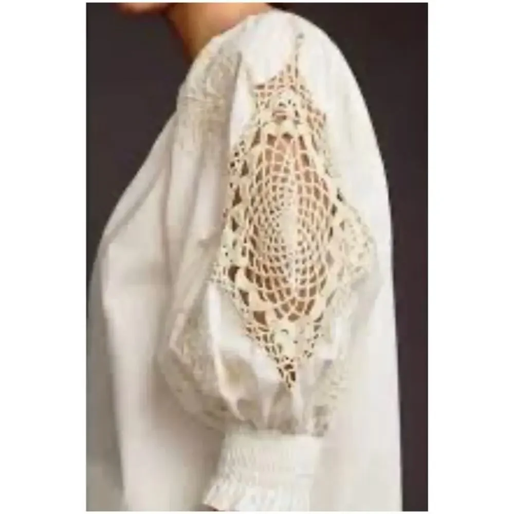 Anthropologie Women’s Sz S White Cream Crochet Blouse Short Puff Sleeve